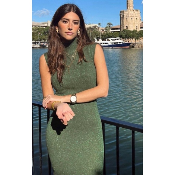 Blogger Favorite Zara Metallic Thread Knit Dress Green Small - Picture 13 of 17